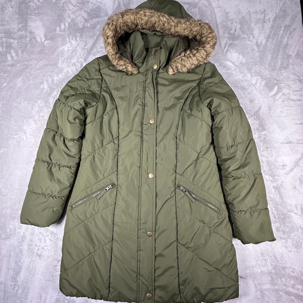 American Rag Cie Parka Jacket Womens Large Olive Green Faux Fur Hooded Full Zip